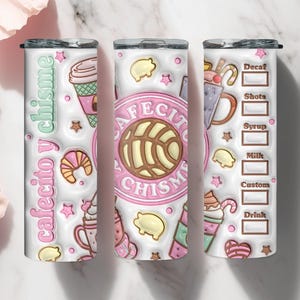 3D Inflated Pink Cafecito Y Chisme Tumbler Wrap PNG, 3D Puff Pan Dulce 20oz Tumbler, Mexican Gifts, Puffy Coffee Tumbler, Conchas Mexicanas