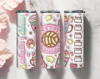3D Inflated Pink Cafecito Y Chisme Tumbler Wrap PNG, 3D Puff Pan Dulce 20oz Tumbler, Mexican Gifts, Puffy Coffee Tumbler, Conchas Mexicanas