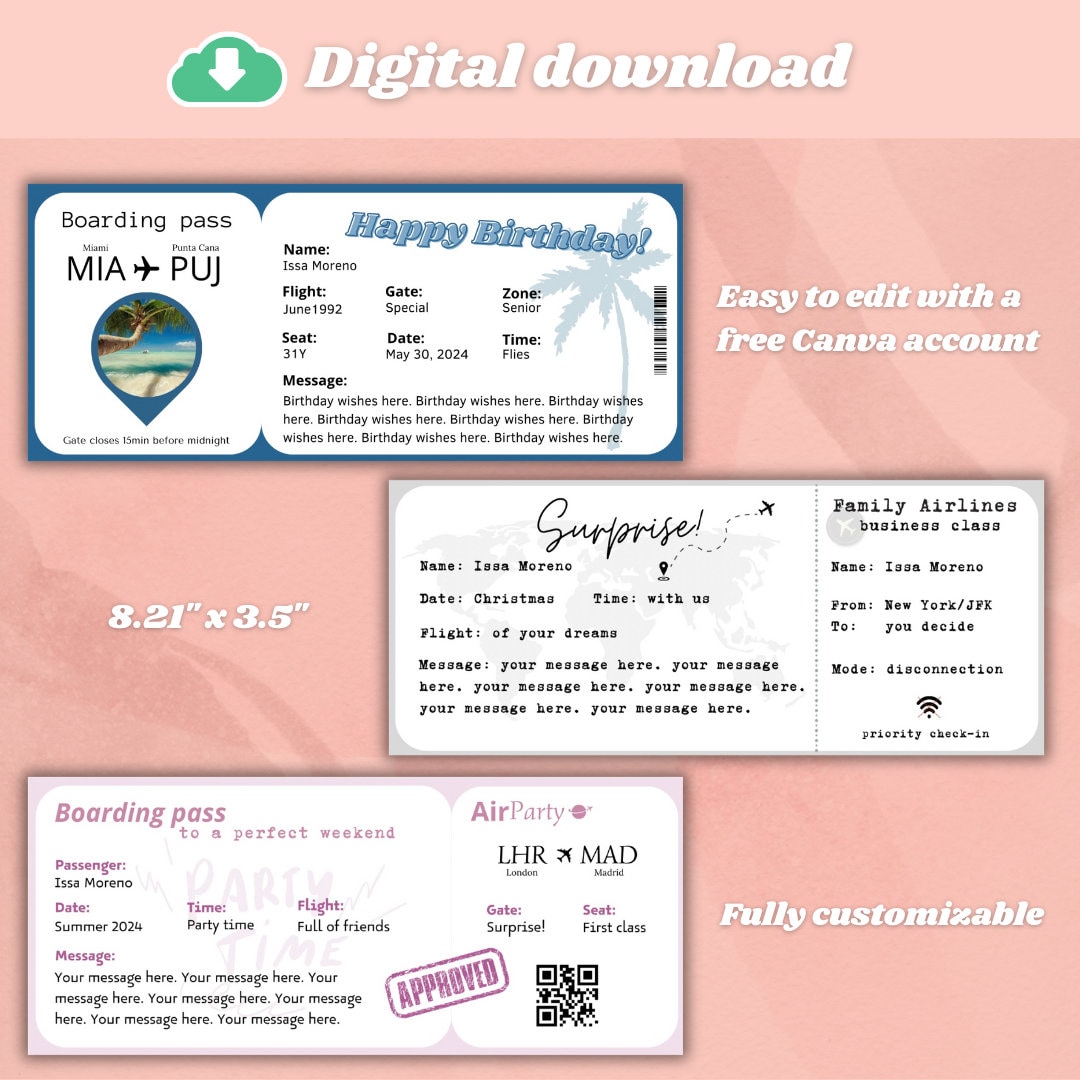 Editable Boarding Pass Template Canva Travel Surprise Etsy