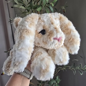 Puede incluir: Un peluche de conejo con pelaje crema y beige. El conejo tiene orejas largas y caídas, ojos negros y una nariz cosida rosa. El peluche se sostiene frente a una planta verde y frondosa.