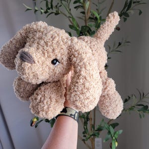 Puede incluir: Un juguete de peluche de perro de color marr&oacute;n claro con textura esponjosa. El perro est&aacute; sentado con las patas extendidas y la cabeza inclinada hacia un lado.
