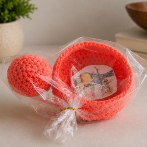 May include: A bright neon orange crocheted bowl and a matching crocheted sphere packaged together in a clear plastic bag. Inside the bowl is a small, rectangular paper insert featuring a detailed illustration of a bird perched on a branch.