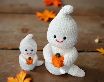 Crochet Ghost Plush with Pumpkin | Handmade Amigurumi Halloween Decoration | Cute Fall Decor Gift