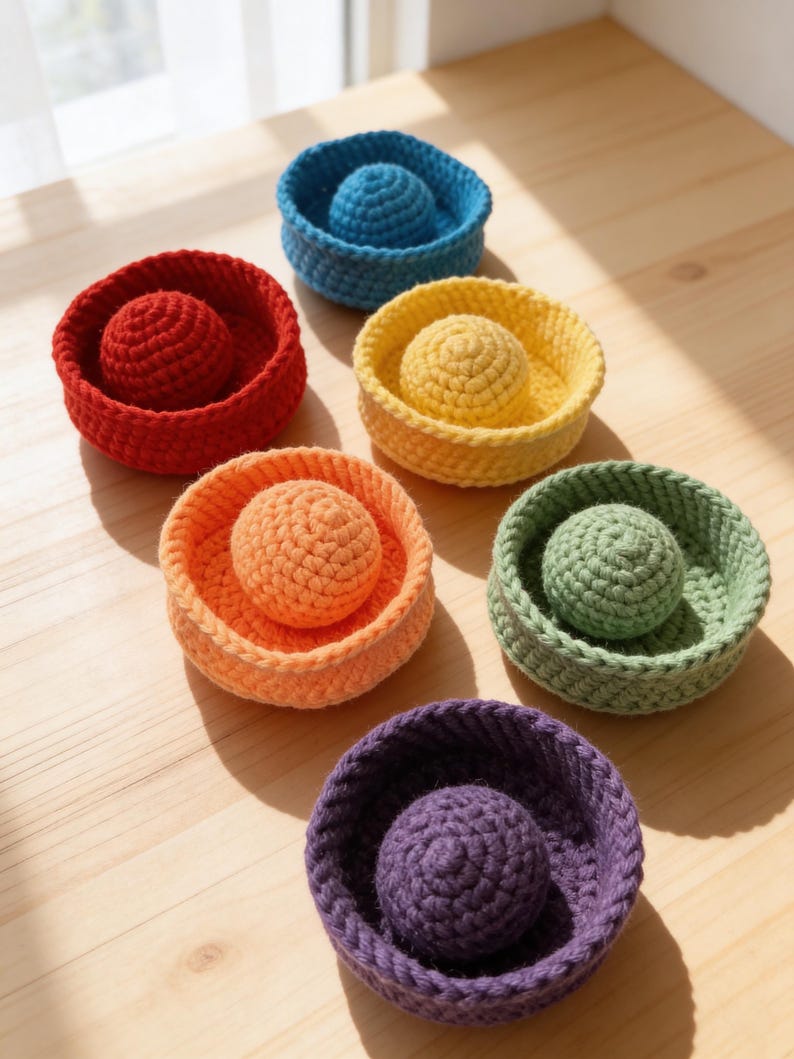 May include: A collection of six circular, crocheted bowls in vibrant colors including red, blue, yellow, orange, green, and purple. Each bowl contains a matching crocheted sphere centered inside, featuring a textured, hand-stitched yarn construction.
