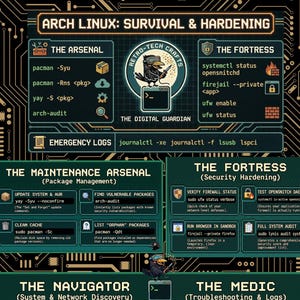 Może przedstawiać: Zielono-czarna infografika zatytułowana "Arch Linux: Survival & Hardening" z sekcjami dotyczącymi konserwacji systemu, bezpieczeństwa i rozwiązywania problemów. Zawiera polecenia i informacje o stanie systemu.