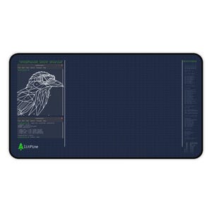 May include: A rectangular dark blue desk mat featuring a white geometric wireframe crow graphic wearing goggles, terminal-style text, a grid pattern, and the text LitPine in green. The design includes technical data columns on the sides.