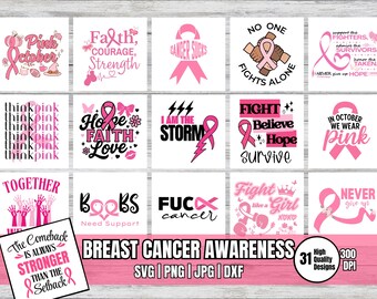 Breast Cancer Awareness SVG PNG Bundle | Pink Ribbon Support Designs (Digital Download)
