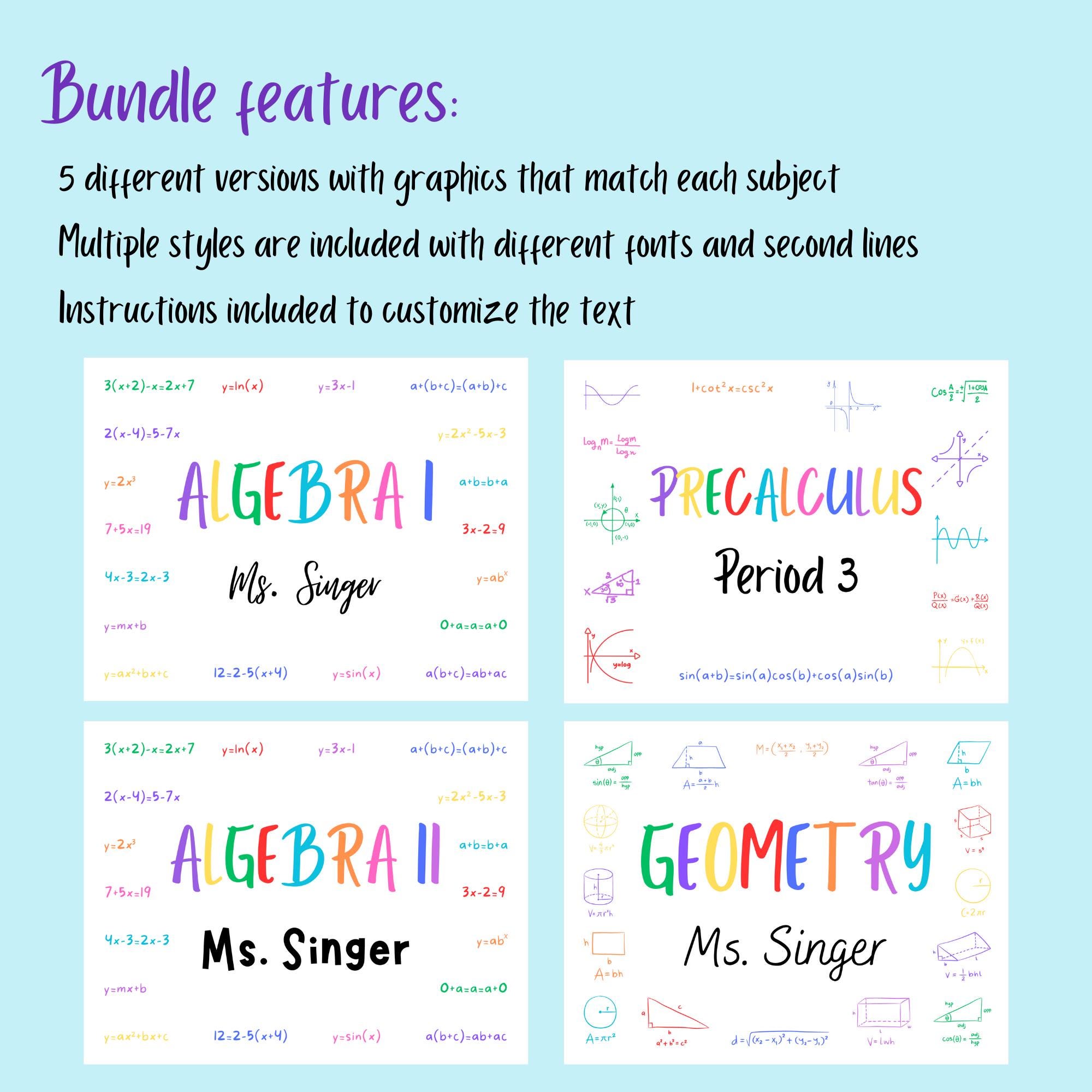 Mathematics Class Labels Bundle, Math Classroom Door Sign, Class Signs ...