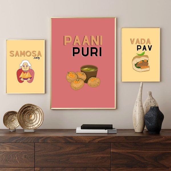 Indian street food Wall Art set of 3, Digital Wall Art, Paani Puri Art, Wada Pav, Samosa Party Wall Art