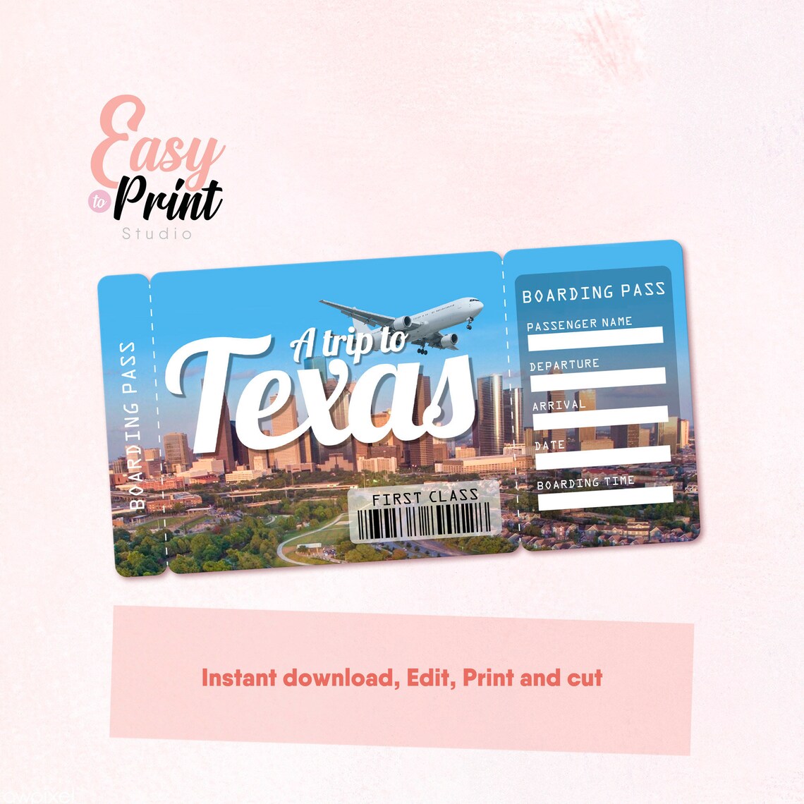 Editable Texas Boarding Pass Printable Personalized DIY Airline Ticket ...