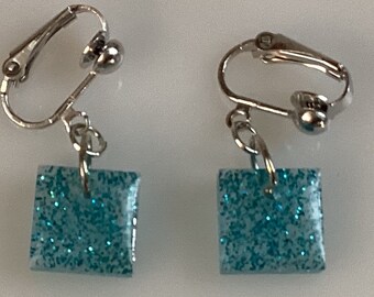 Handmade resin Clip on earrings square blue glitter