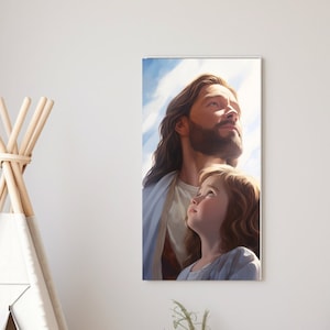 Jesus With Child &quot;Looking to the Heavens&quot; Artwork, Christian Faith Children&#39;s Room Painting, Religious Themed Canvas Print, Bible Study Art