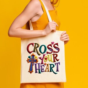 Beautiful Embroidered Look Cross Your Heart Tote, Christian Faith Inspiration Art Bag, Religious Church Bible Accessory, Teen Lunch Bag