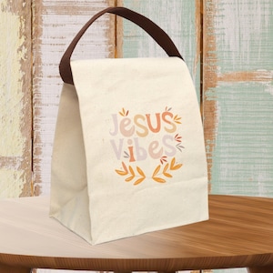 Sweet &quot;JESUS VIBES&quot; Canvas Lunch Bag, Reusable Bag, Bible Verse Christian Faith Accessory, Religious Inspired Purse, Jesus Art Food Tote