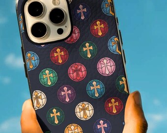 Funda para iPhone con cruz cristiana, funda para teléfono con temática religiosa, estampado de cruz colorido, regalo religioso para mujeres y adolescentes, bonita funda estética para iPhone.
