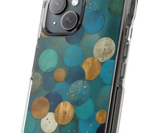 Funda para iPhone con lunares azules, bonita funda estética para teléfono, funda moderna con estampado de círculos, funda de moda para iPhone, regalo para ella, impacto magnético transparente