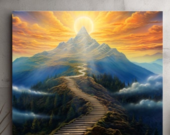 Cuadro cristiano para pared, estampado de la montaña Camino al Cielo, arte de paisaje religioso, decoración de viaje espiritual, regalo de arte para la pared con temática de fe.