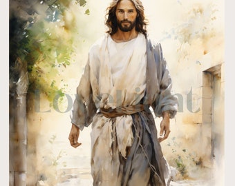 Lámina decorativa de Jesucristo para imprimir, acuarela cristiana, lámina de arte religioso, decoración de fe, arte bíblico, descarga instantánea.