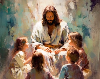Jesus Blessing Children Canvas: Impasto Christian Art (1.25" Depth)