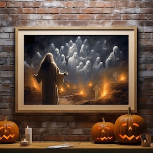 Artistic Jesus Prays Spirits Away Digital Print, Halloween Party Wall Art, Christian Home  Surreal Artwork, Unique Christ Religious Painting