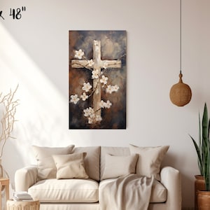 Floral &quot;Eternal Spring: Hope Illuminated&quot; Cross Canvas Print, Faith Inspiration Decor, Christian Cross Family Inspired Art, Religious Art