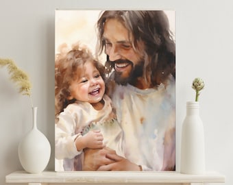 Jesus and Child Canvas Art: Religious Watercolor Painting