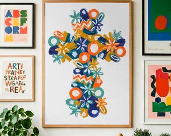 Póster de arte mural con cruz colorida, decoración mural cristiana moderna de arte popular, estampado abstracto de cruz floral, arte religioso, decoración de fe