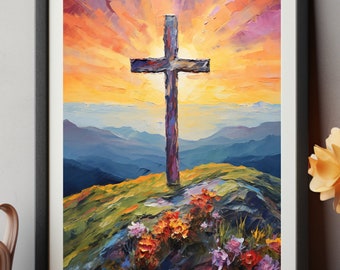 Lámina decorativa de pared con cruz, arte paisajístico cristiano, decoración religiosa para pared, lámina de arte de fe, cruz al atardecer, arte bíblico, descarga instantánea.