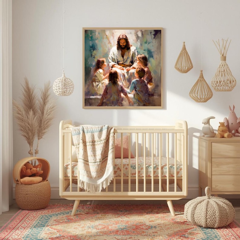 Cuadro decorativo "Jesús bendice a los niños", arte cristiano imprimible, lámina con motivos de Jesús, decoración religiosa para pared, regalo de fe para niños, descarga digital. imagen 4