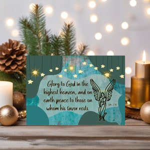 Glorie aan God kerstkaart digitale print, bijbelvers christelijke vakantiegroet, religieus geloof kerstschrift artwork, instant download