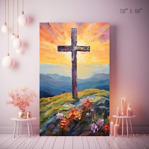 Canvas &quot;Eternal Blooms&quot; Impasto Cross Painting, Christian Theme Artwork, Religious Living Room Art, Home Decor Statement, Crucifix Artwork