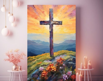Eternal Blooms Cross Canvas: Impasto Christian Artwork