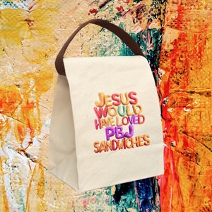 Christian Lunch Bag &quot;Heavenly Humor,&quot;  Reusable Bag, Christian Faith Accessory, Religious Inspired Purse, Jesus Art Food Tote, Canvas Sack