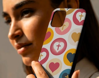Funda para iPhone con corazón cristiano, funda para teléfono con cruz, funda para teléfono con temática religiosa, funda con diseño estético y bonito, diseño de corazón de amor, regalo para ella.