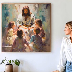 Cuadro decorativo "Jesús bendice a los niños", arte cristiano imprimible, lámina con motivos de Jesús, decoración religiosa para pared, regalo de fe para niños, descarga digital. imagen 2