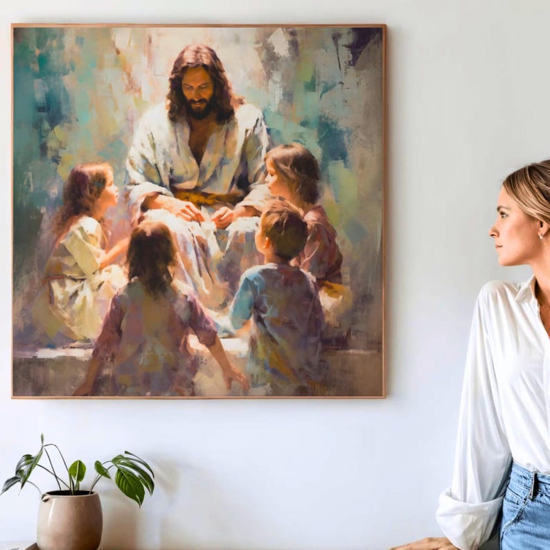 Cuadro decorativo "Jesús bendice a los niños", arte cristiano imprimible, lámina con motivos de Jesús, decoración religiosa para pared, regalo de fe para niños, descarga digital. imagen 2