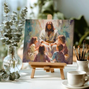 Cuadro decorativo "Jesús bendice a los niños", arte cristiano imprimible, lámina con motivos de Jesús, decoración religiosa para pared, regalo de fe para niños, descarga digital. imagen 3