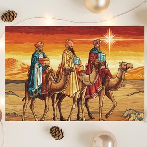 Weihnachtskarten, Heilige drei weise Männer, Grußkarten im Stickstil, Christliche Geschenke, Gold Weihrauch Myrrhe, Religiöses Thema Feiertagskarten