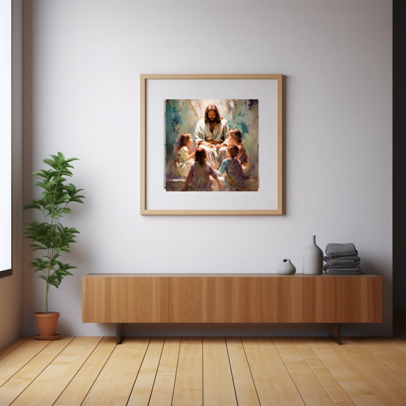 Puede incluir: Una pintura de Jes&uacute;s rodeado de ni&ntilde;os. Jes&uacute;s lleva una t&uacute;nica blanca y tiene el pelo largo y casta&ntilde;o y barba. Los ni&ntilde;os llevan ropa colorida y miran a Jes&uacute;s. La pintura est&aacute; sobre un fondo azul claro.