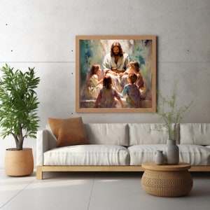 Puede incluir: Una pintura de Jes&uacute;s rodeado de ni&ntilde;os. Jes&uacute;s lleva una t&uacute;nica blanca y est&aacute; sentado con las manos juntas. Los ni&ntilde;os lo miran con adoraci&oacute;n. La pintura est&aacute; realizada en un estilo realista con colores suaves.