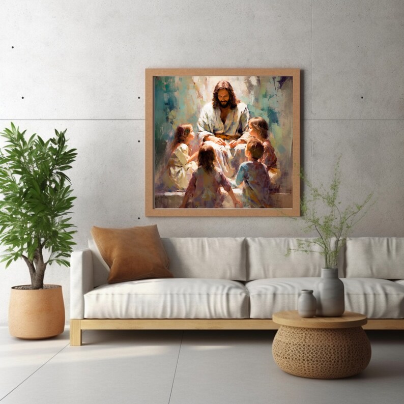 Puede incluir: Una pintura de Jes&uacute;s rodeado de ni&ntilde;os. Jes&uacute;s lleva una t&uacute;nica blanca y est&aacute; sentado con las manos juntas. Los ni&ntilde;os lo miran con adoraci&oacute;n. La pintura est&aacute; realizada en un estilo realista con colores suaves.