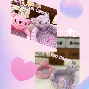 May include: Two crocheted purple and pink bear-shaped baskets with the text "Cotton Candy" on the image.