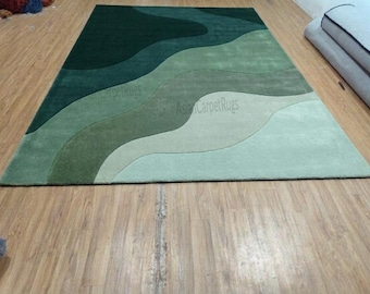 Hand Tufted Wool Area Rug, Green Abstract Rug, Modern Luxury Carpet, Contemporary Living Room Rug, Handmade Custom Wool Rug