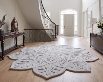 Luxury Light Grey Floral Shaped Hand-Tufted Area Rug | Modern 3D Carved Designer Carpet for Elegant Living Room & Premium Home Décor.