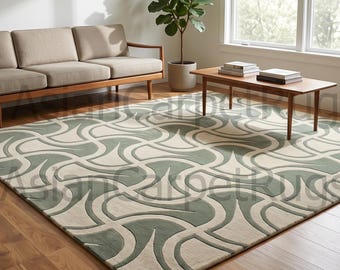 Mid-Century Moderner abstrakter Teppich | Salbeigrün & Elfenbein Wellenmuster | Handgetufteter Wollteppich für Wohnzimmer