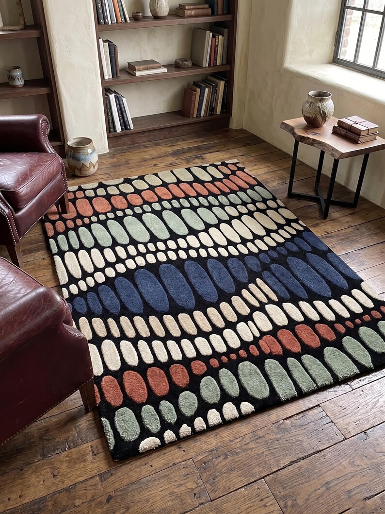 K&ouml;nnte beinhalten: Ein rechteckiger Teppich mit schwarzem Hintergrund und einem Muster aus farbigen, ovalen Formen in Orange, Gr&uuml;n, Blau und Creme. Der Teppich liegt auf einem Holzboden und verleiht dem Raum W&auml;rme. Ma&szlig;e in Zentimetern.