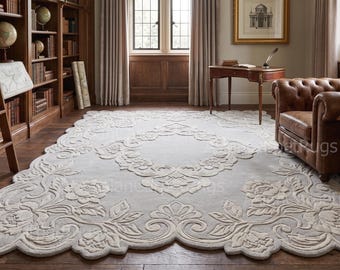 Eleganter handgetufteter Wollteppich mit geprägtem Blumenmedaillon in Hellgrau und Creme