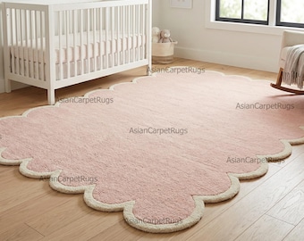 Rosa Ausgebogter Teppich, Handgefertigter Teppich mit Wellenrand, Moderner Minimal Bodenteppich, Weicher Wollteppich für Wohnzimmer