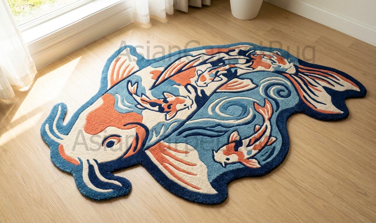 Hand Tufted Koi Fish Rug, Blue Pond Shaped Carpet, Modern Kitchen ...