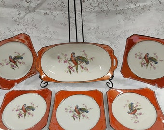 An Antique china CT Altwasser Silesia 1925 Sandwich Plate Set Six Piece Orange Lustre with Bird Pattern